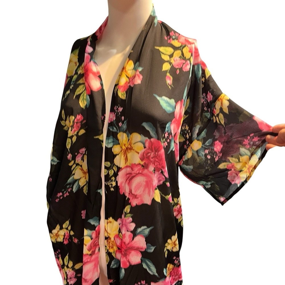 Black Floral Sheer Kimono Cardigan Duster 3X Lightweight Layer‎ Dark Romantic